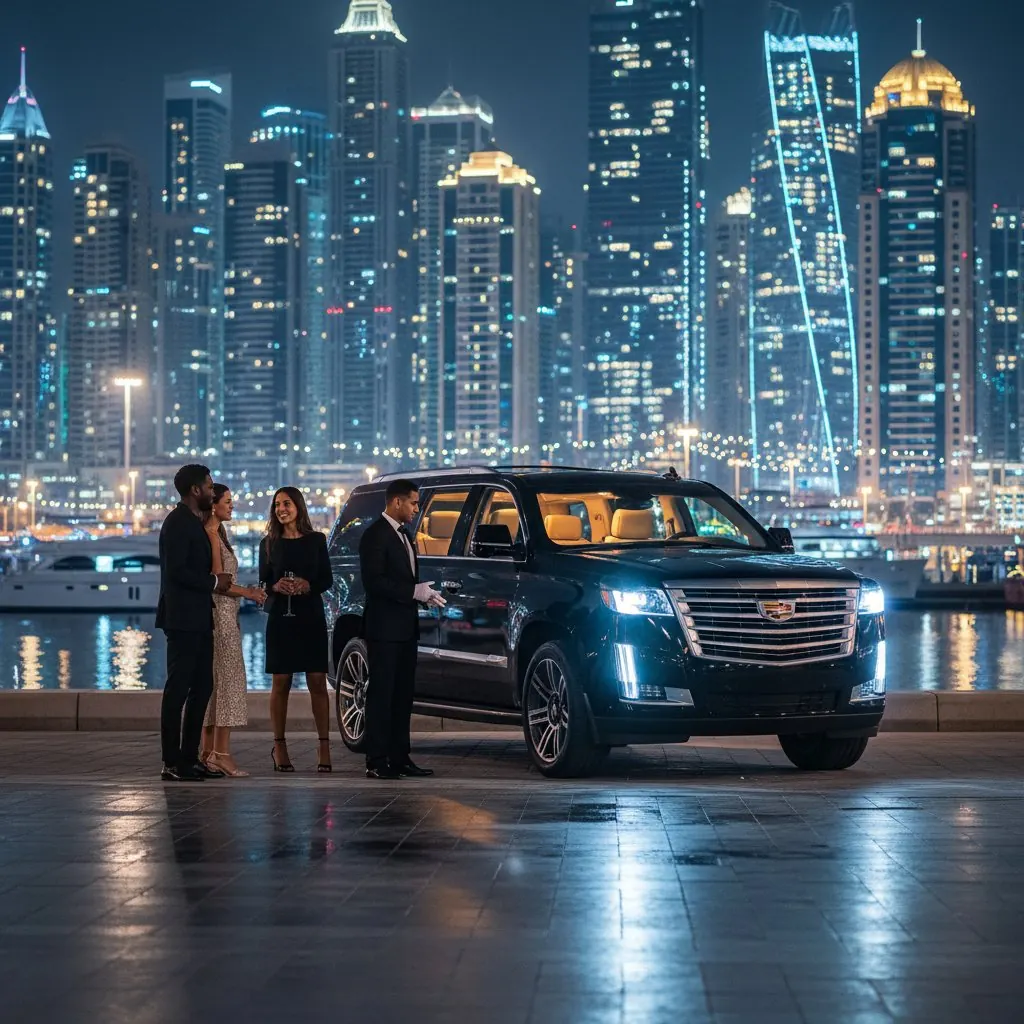 Night pickup in a Cadillac Escalade at Dubai Marina