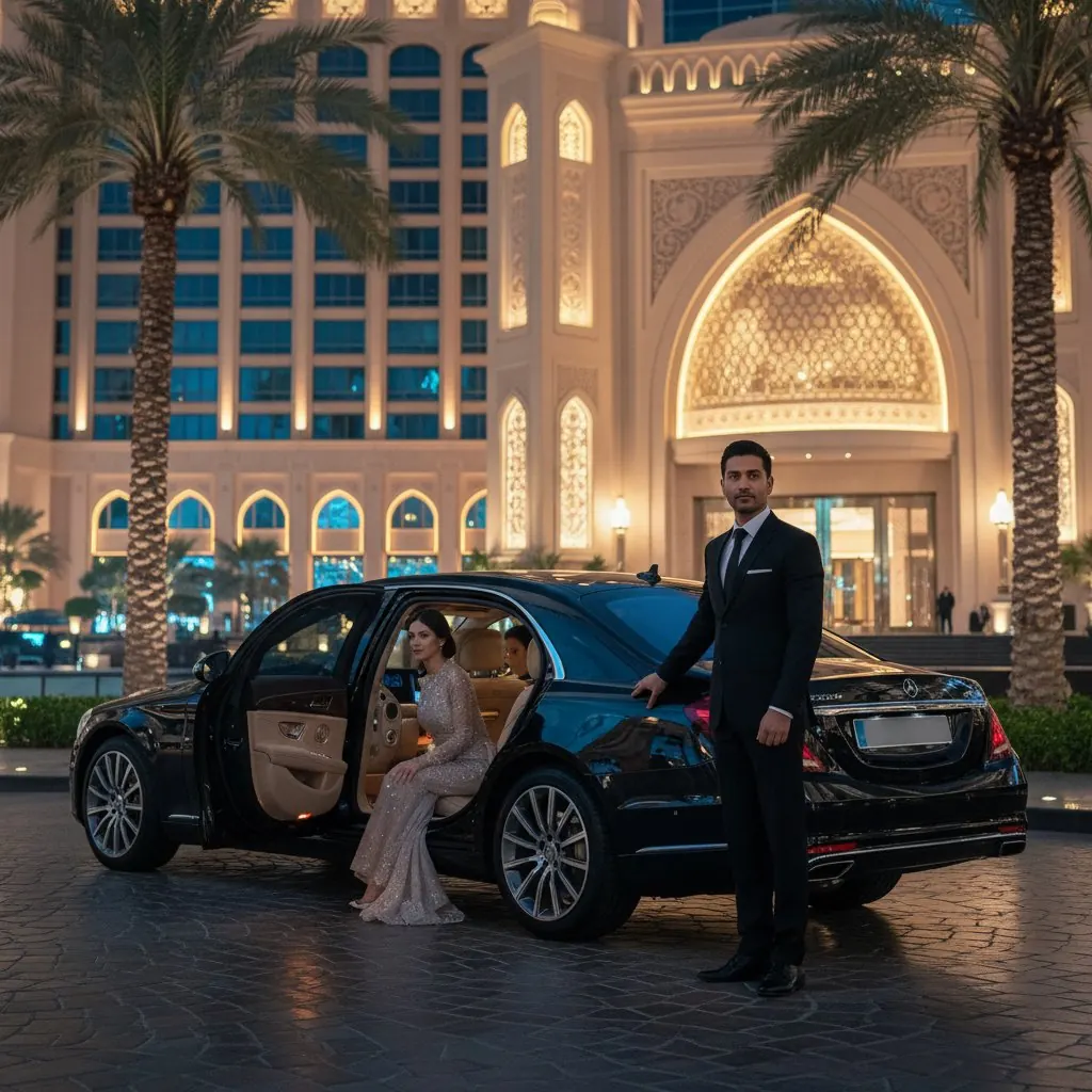 Chauffeur opening the door for a guest at a Dubai palace hotel at night