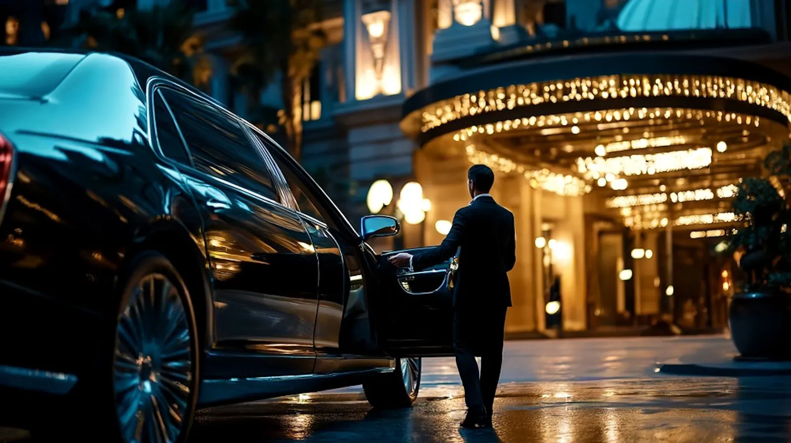 Chauffeur waiting at a hotel entrance at night