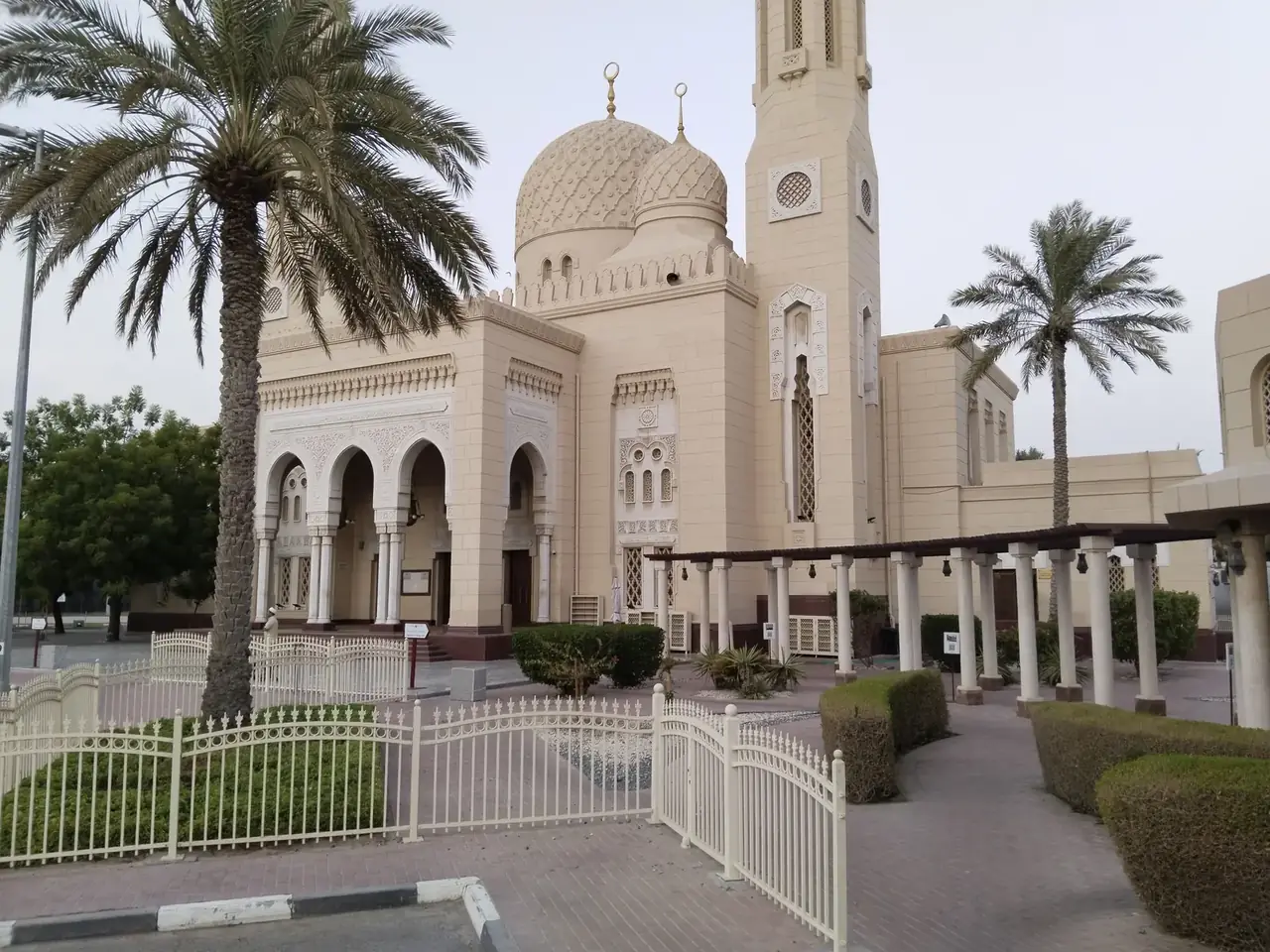 Jumeirah Mosque framed by palm trees
