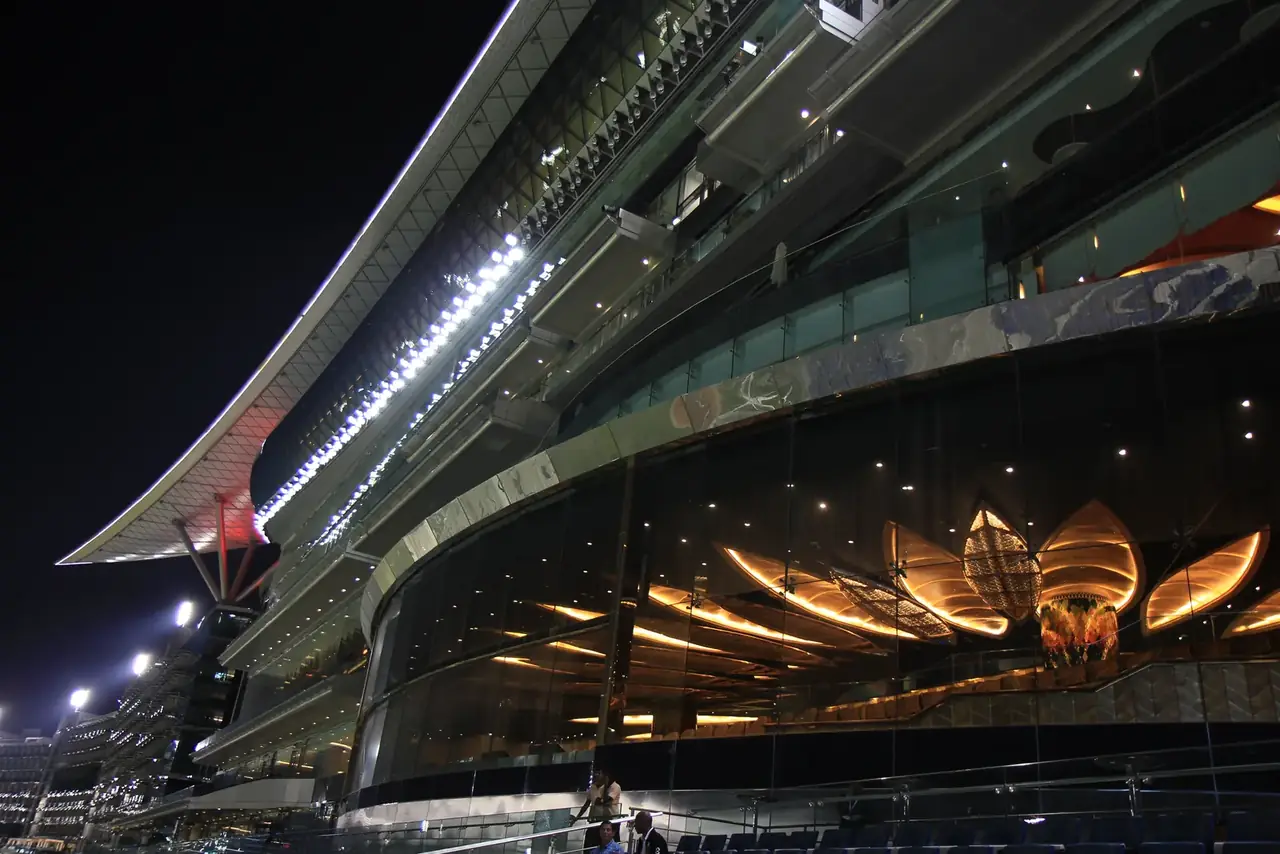 Meydan Racecourse grandstand lit at night